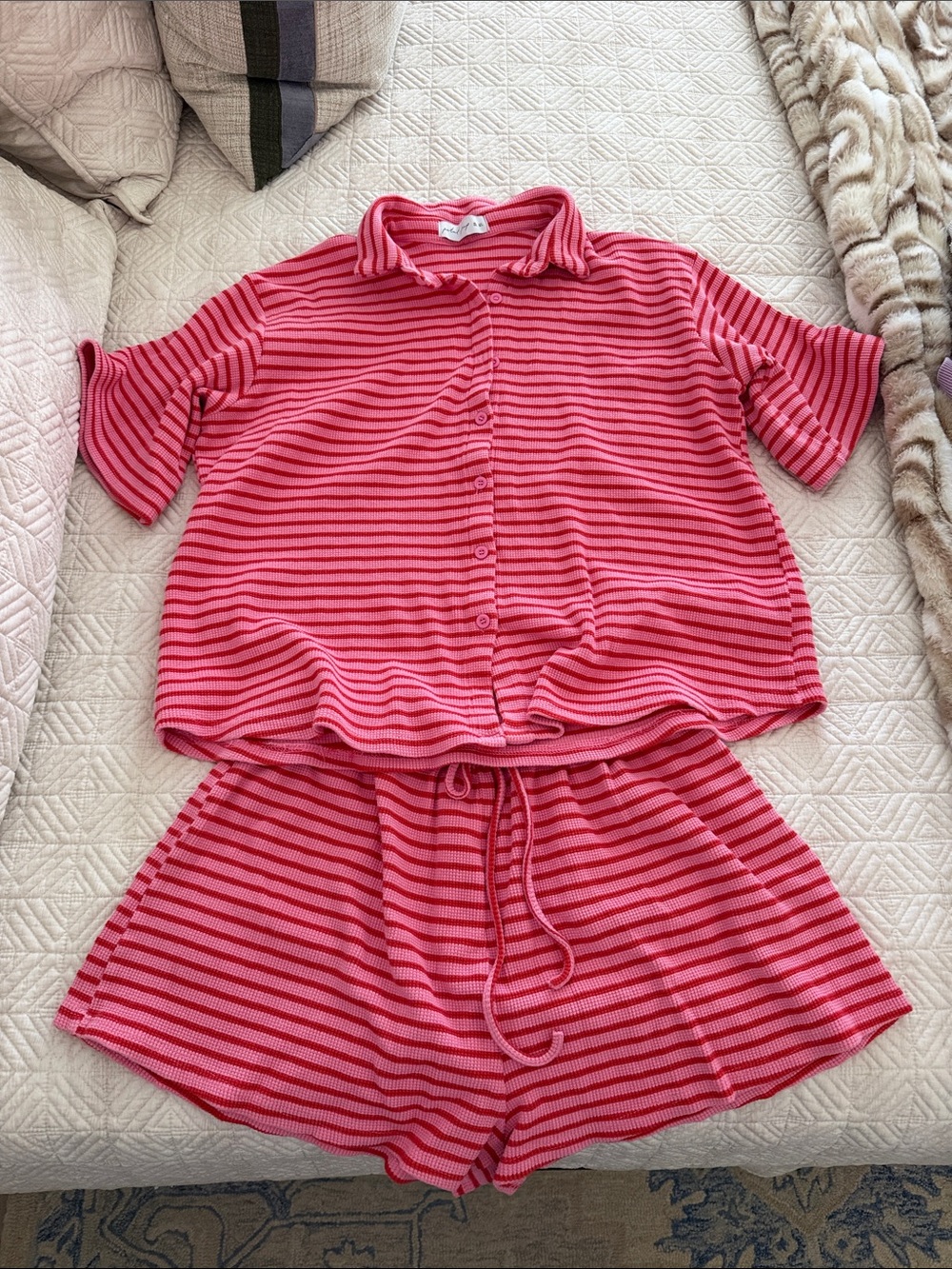 Petal & Pup Alden Stripe Cotton Button-Up Shirt & Drawstring Shorts Set size L